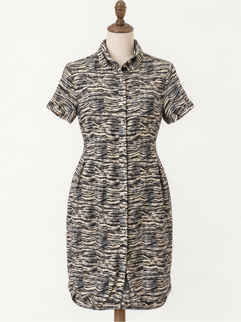 Vintage Adrianna Papell Silk Zebra Animal Print Button Front Dress 90's Sz 14